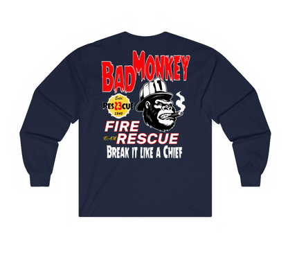 A navy-blue sweatshirt shown from the back, featuring a large graphic print with the words 'BAD MONKEY', 'FIRE RESCUE', and 'BREAK IT LIKE A CHIEF' in red, white, and yellow text, alongside a gorilla wearing a firefighter helmet.