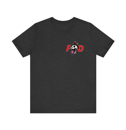A dark heather gray short-sleeve t-shirt with a small graphic on the left chest featuring a cartoon skull wearing a black Firefighter helmet with the number 1 on front shield. Red F and D letters on both sides of cartoon skull. 