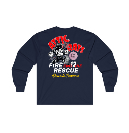 A navy-blue sweatshirt shown from the back, featuring a large graphic print with cartoon rats, the words 'Attic Rats Fire Engine Rescue', and 'Down to Business' in red, white, yellow, and black.