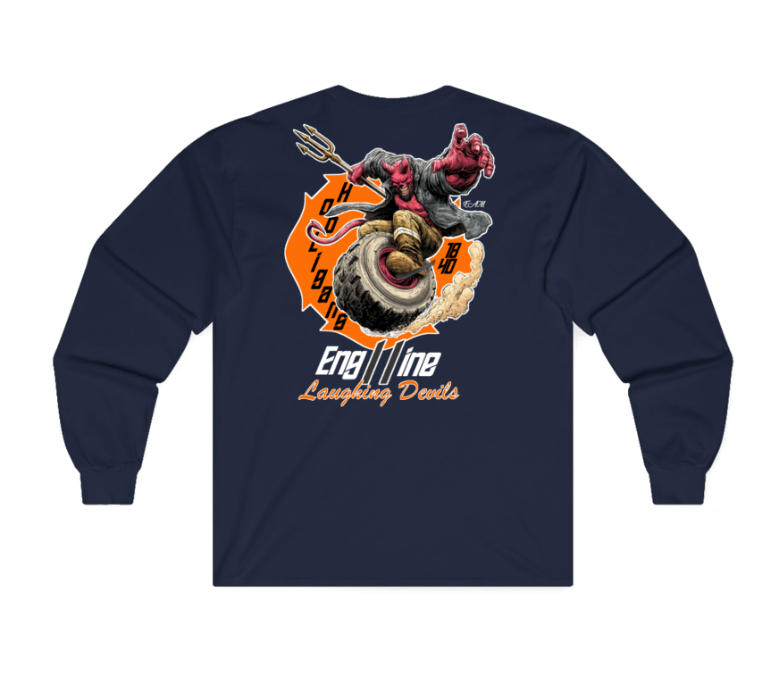 A navy blue sweatshirt shown from the back, featuring a large graphic print of a devil riding a motorcycle on an orange circular background with the text 'Engine Laughing Devils'.
