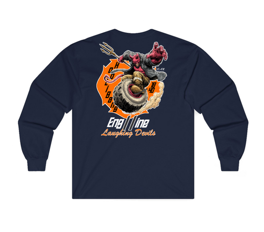 A navy blue sweatshirt shown from the back, featuring a large graphic print of a devil riding a motorcycle on an orange circular background with the text 'Engine Laughing Devils'.