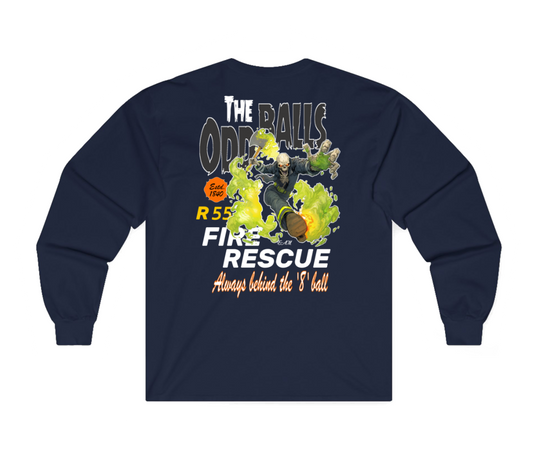 A navy blue sweatshirt shown from the back, featuring a large graphic print with the text 'THE ODD BALL FIRE RESCUE' and 'Always behind the 'B ball' in orange and white, alongside a cartoon firefighter and green/yellow smoke effects.