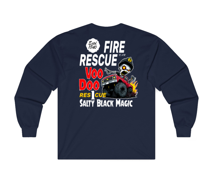A navy blue sweatshirt shown from the back, featuring a large graphic print with the text 'FIRE RESCUE', 'Voo Doo', 'Rescue', and 'Salty Black Magic' along with a cartoon character and a fire truck.