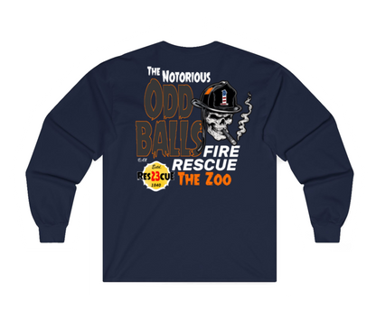 A navy blue long-sleeve t-shirt shown from the back, featuring a large graphic print with a skull in a firefighter helmet, smoke, and text reading 'The Notorious Odd Balls Fire Rescue The Zoo' on a white background.